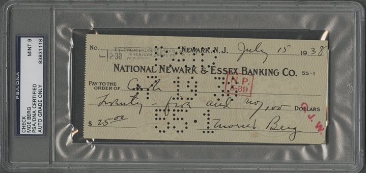 Morris "Moe" Berg Signed Check Dated July 15, 1938 (PSA/DNA MINT 9)